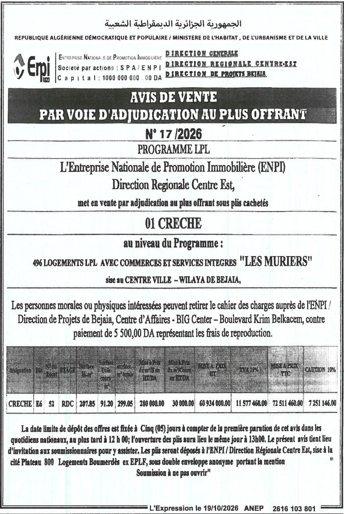 Vente d'une crèche par adjudication au plus offrant