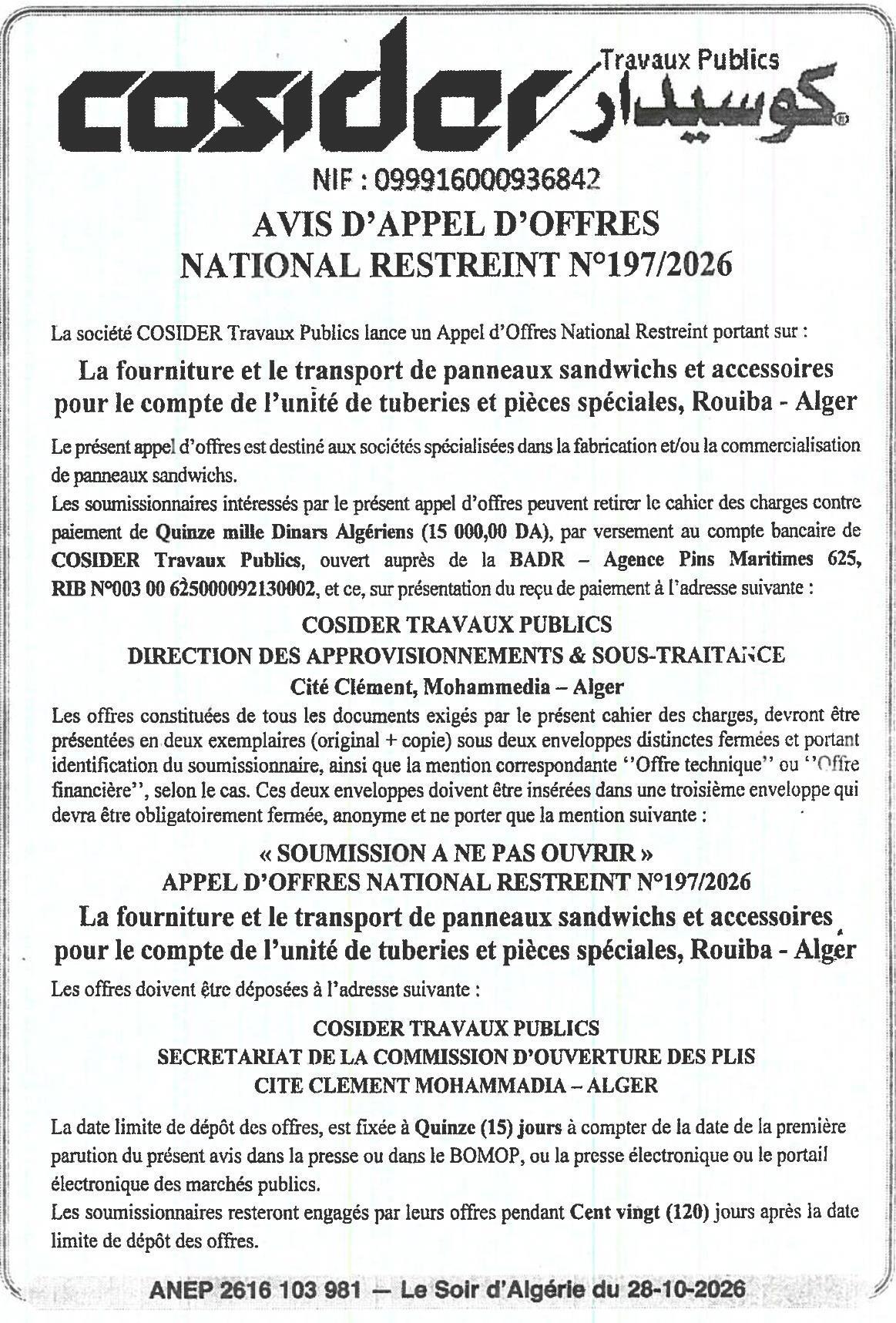 Fourniture et transport de panneaux sandwiches et accessoires pour l'unité de tuberies et pièces spéciales (Rouiba, Alger)