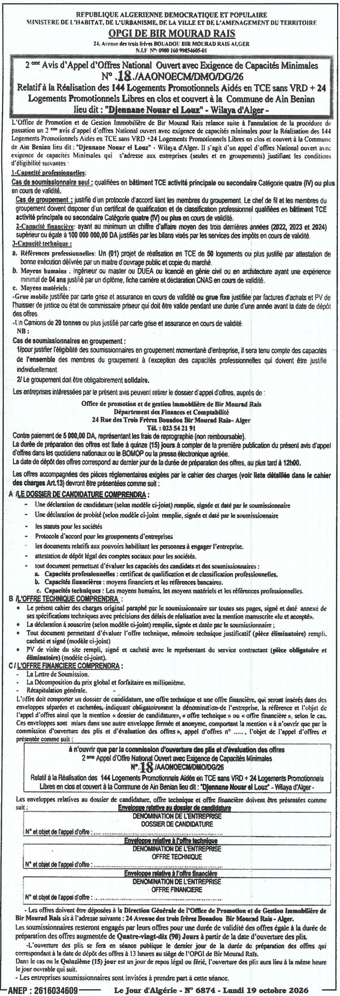 Réalisation de 144 logements promotionnels aidés en TCE sans VRD et 24 logements promotionnels libres en clos et couvert à Ain Benian (Dijnaas Nusar el Leac) - Wilaya d'Alger