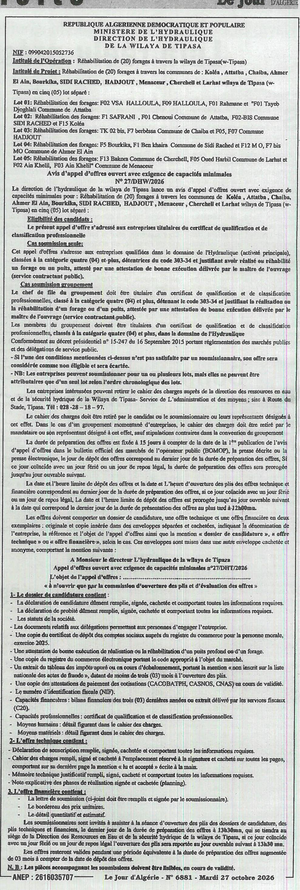Réhabilitation de 20 forages en 5 lots dans la wilaya de Tipasa