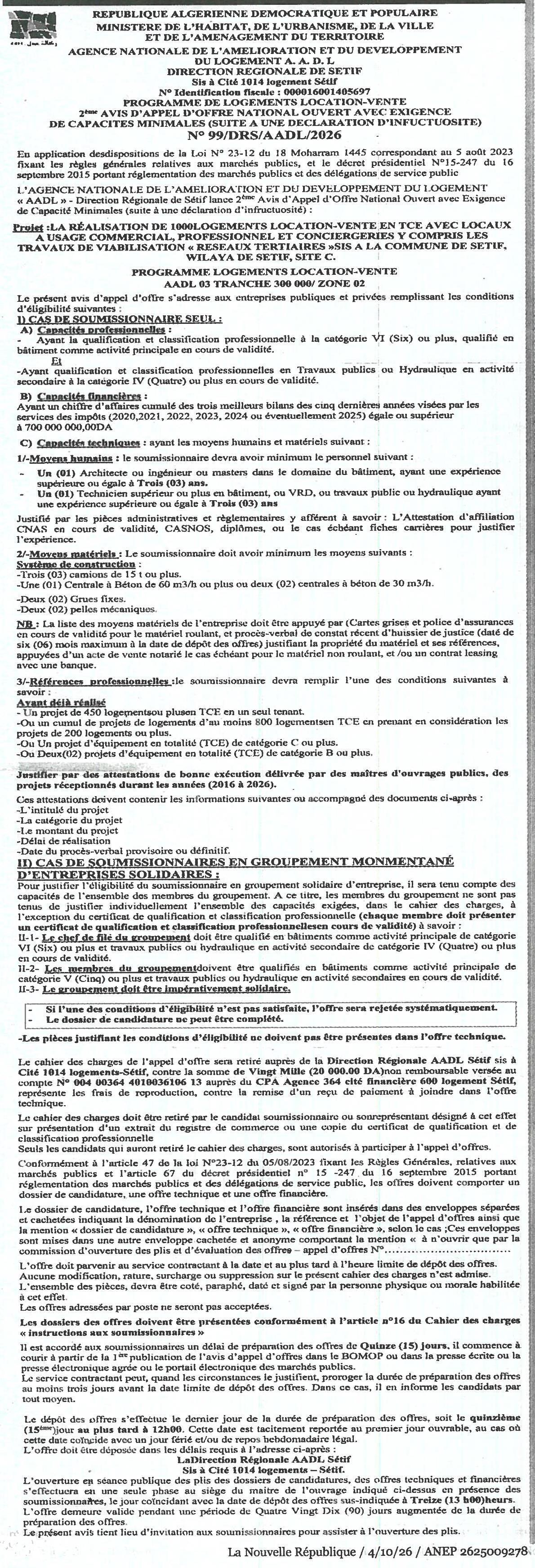 Réalisation de logements location-vente en TCE avec locaux commerciaux et travaux de viabilisation à Sétif