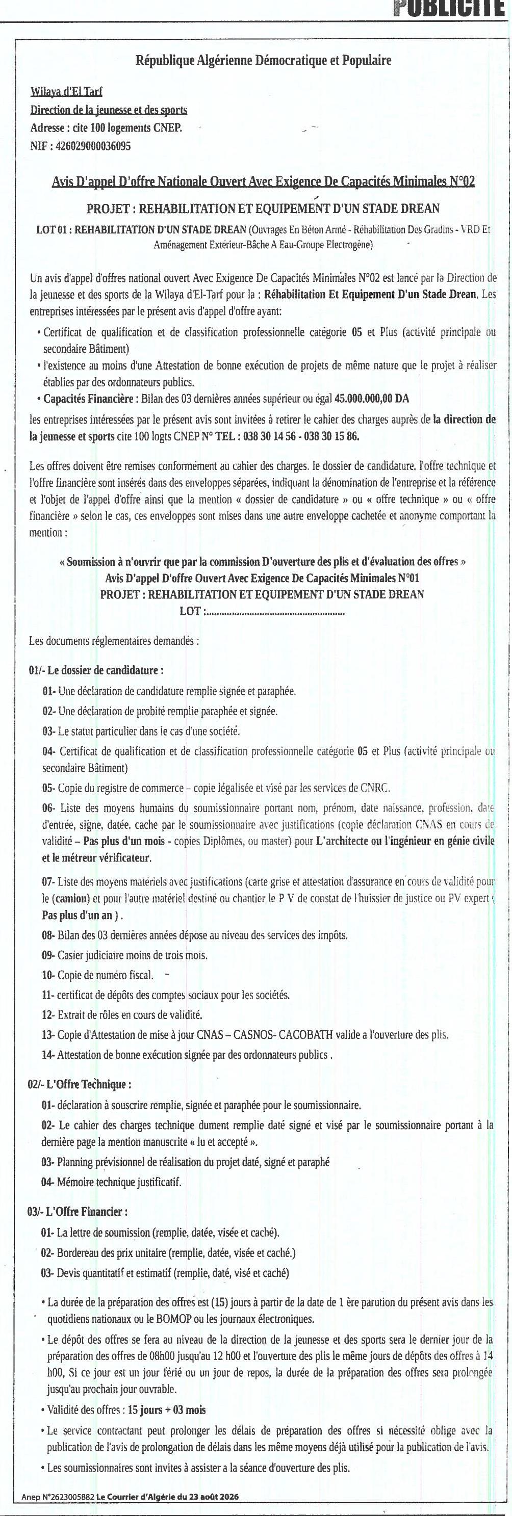Réhabilitation et équipement d'un stade Drean - Lot 01 : Réhabilitation d'un stade Drean