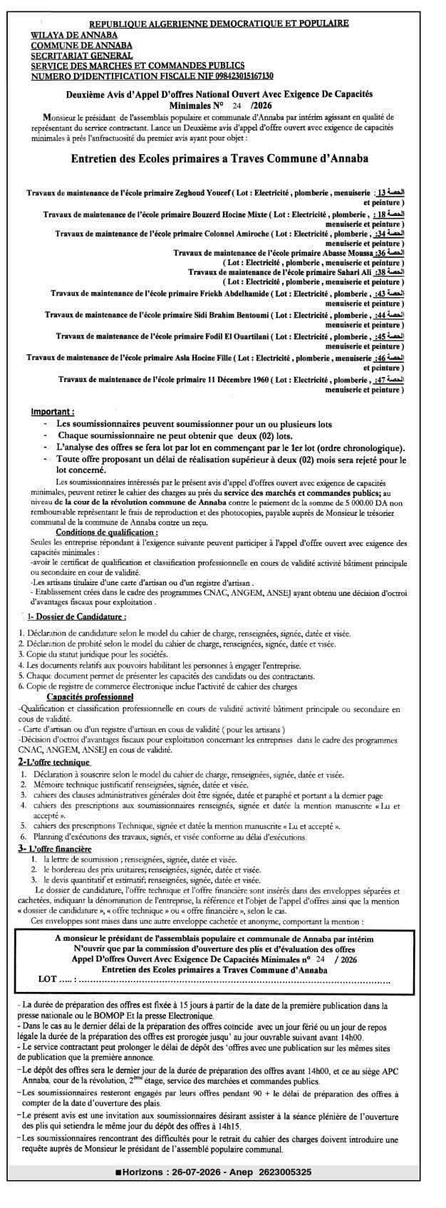 Entretien des Ecoles primaires a Traves Commune d'Annaba