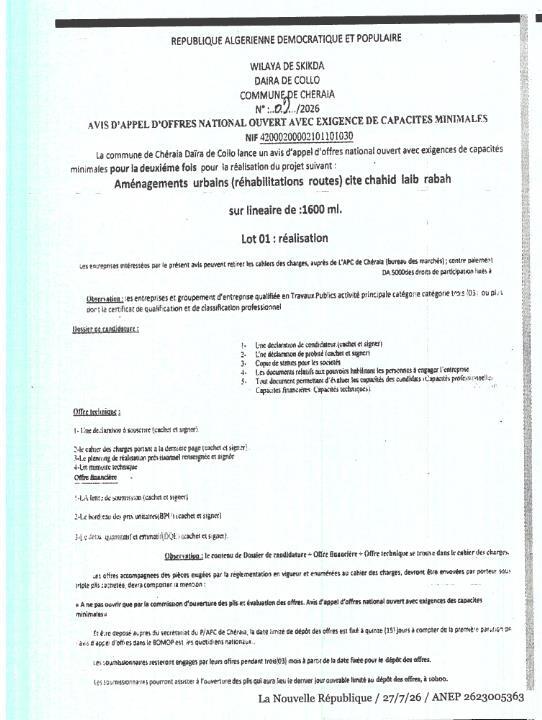Aménagements urbains (réhabilitations routes) cité chahid laib rabah sur linéaire de:1600 ml.