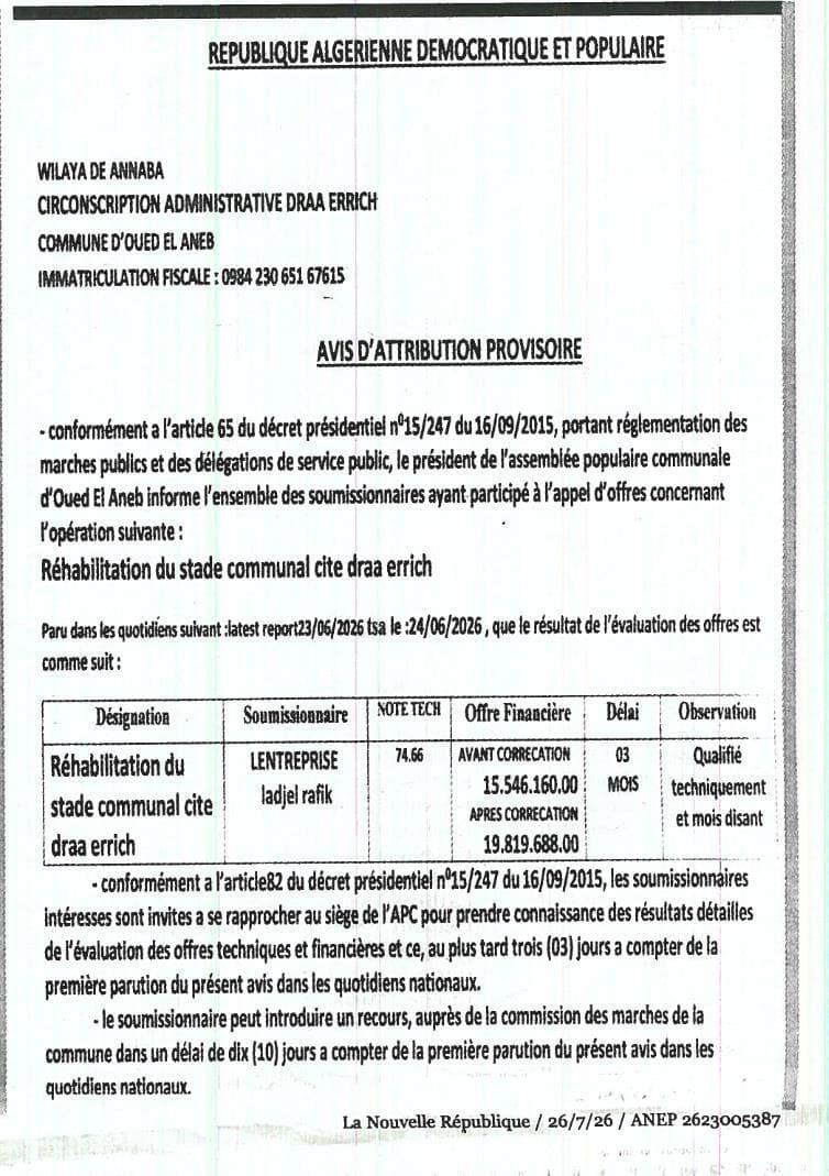 Réhabilitation du stade communal cite draa errich