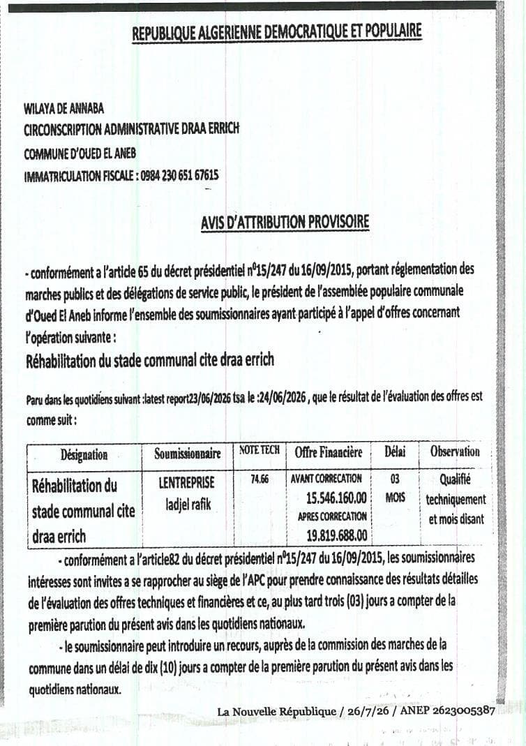 Réhabilitation du stade communal cite draa errich