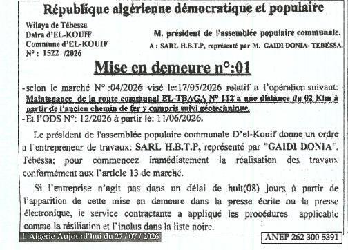 Mise en demeure pour travaux de maintenance de route EL-TRAGA
