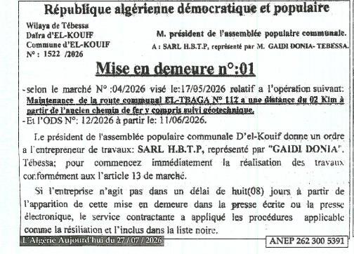 Mise en demeure pour travaux de maintenance de route EL-TRAGA