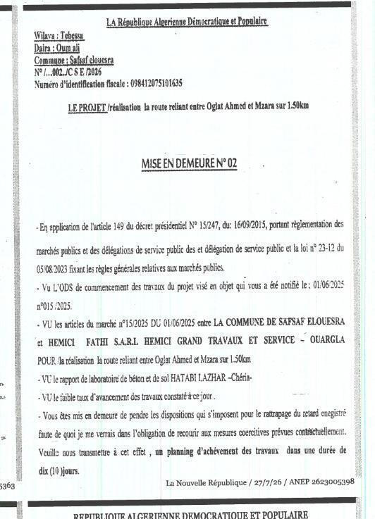 Mise en demeure relative à l'exécution de travaux de voirie