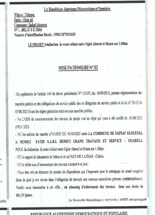 Mise en demeure relative à l'exécution de travaux de voirie