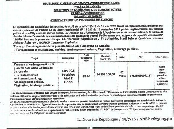 Travaux d'aménagement de la placette Sidi Aissa