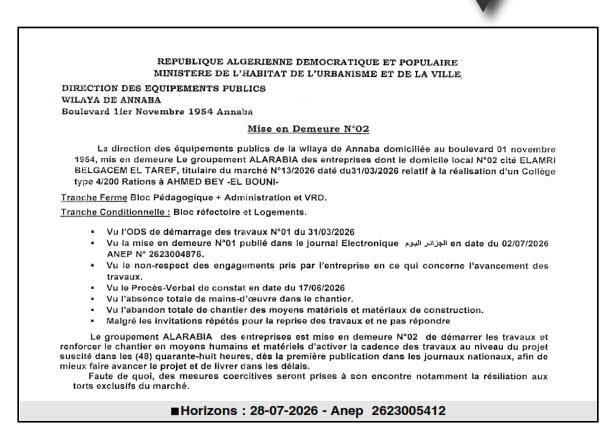 Avis d'avertissement (numéro 02) pour non-respect des obligations contractuelles