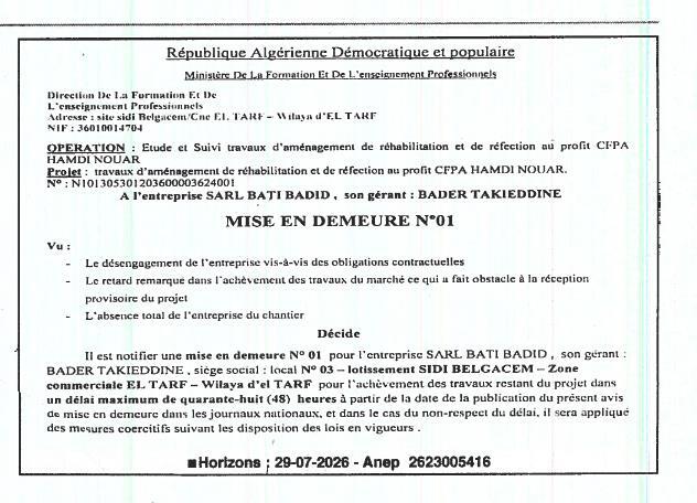 Mise en demeure pour non-respect des obligations contractuelles
