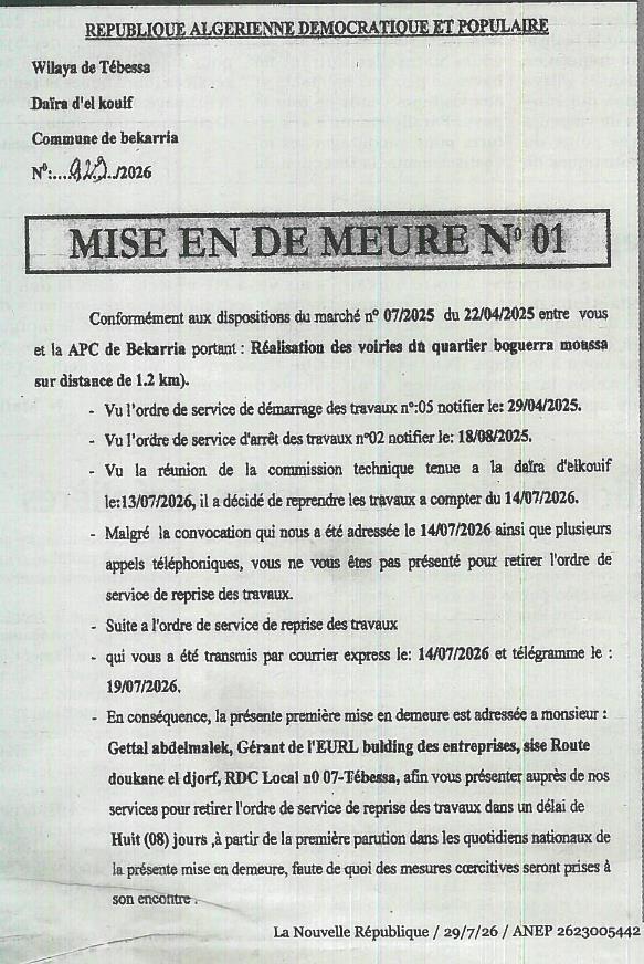 MISE EN DEMEURE N° 01