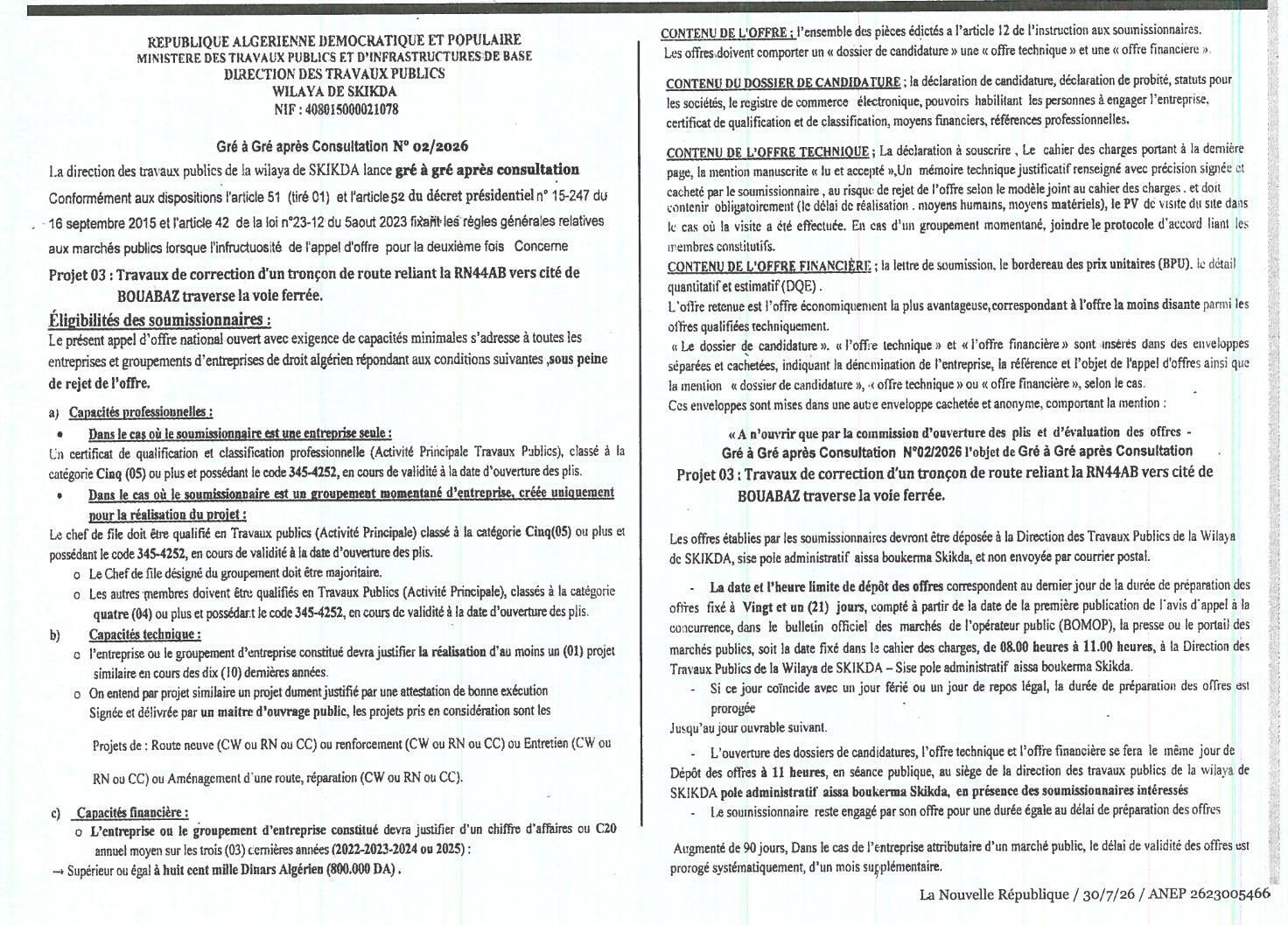 Gré à gré après consultation N° 02/2026 - Travaux de correction d'un tronçon de route