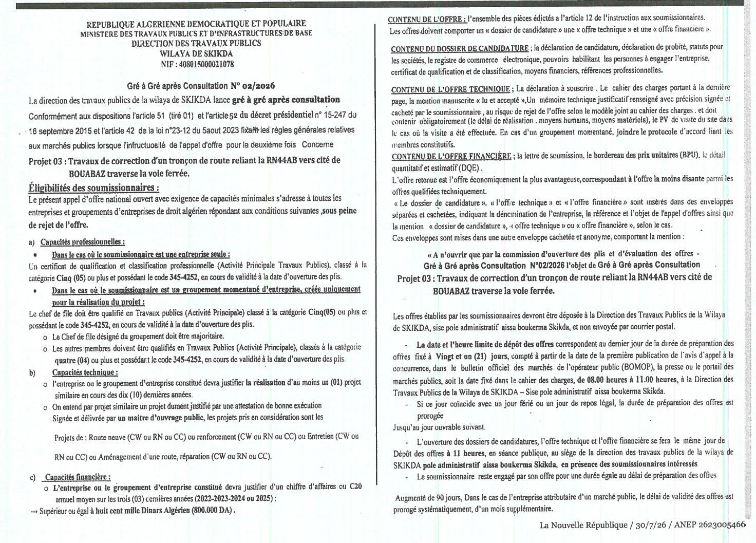 Gré à gré après consultation N° 02/2026 - Travaux de correction d'un tronçon de route
