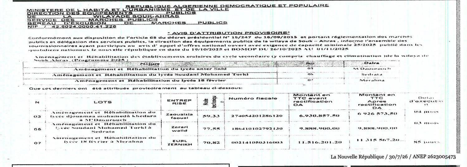 Aménagement et réhabilitation des établissements scolaires du cycle secondaire de la wilaya de Souk Ahras (Programme 2025)
