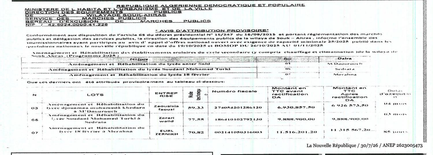 Aménagement et réhabilitation des établissements scolaires du cycle secondaire de la wilaya de Souk Ahras (Programme 2025)