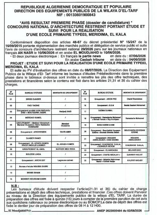 Avis d'attribution provisoire pour une étude et suivi de réalisation d'une école primaire type 03 à Méridima, El Kala