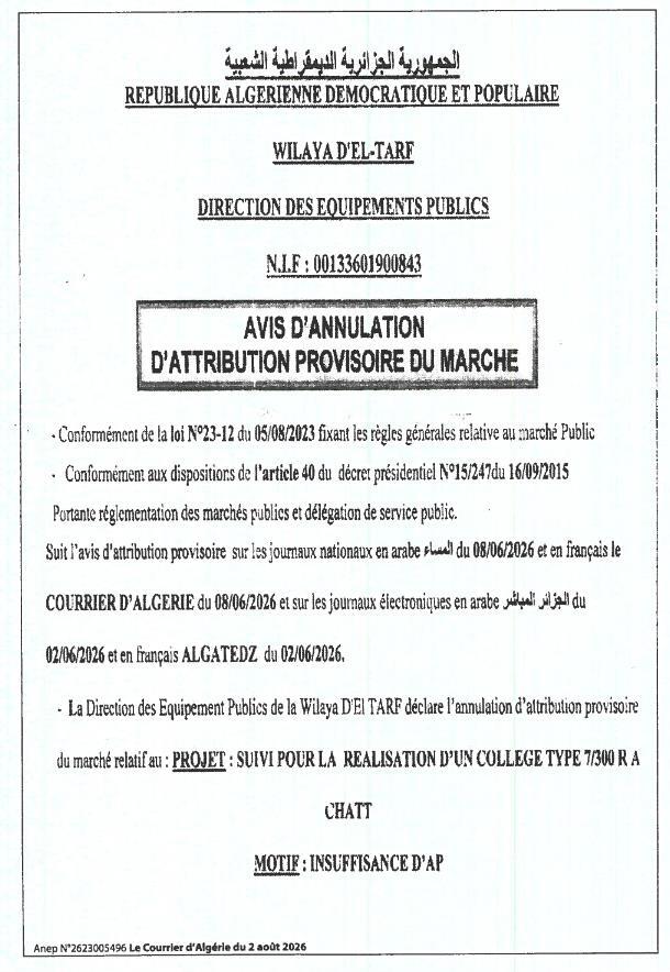 Avis d'annulation d'attribution provisoire de marché