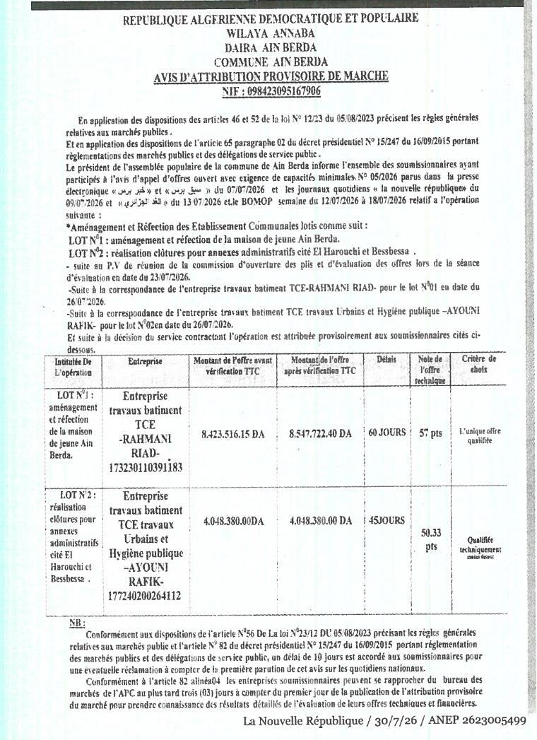 Avis d'attribution provisoire de marché pour l'aménagement et la réfection des établissements communaux