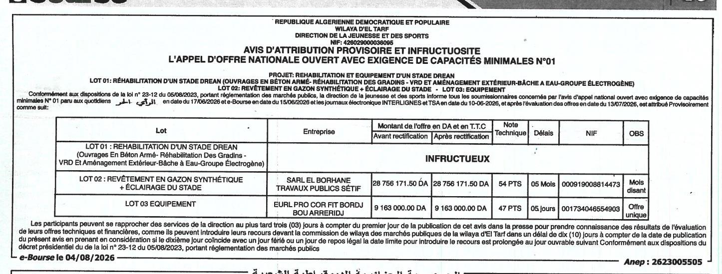 Avis d'attribution provisoire et d'infructuosité de l'appel d'offres national ouvert avec exigence de capacités minimales n°01 pour la réhabilitation et l'équipement d'un stade à DREAN