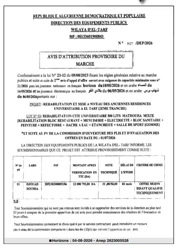 Avis d'attribution provisoire du marché pour la réhabilitation et mise à niveau des anciennes résidences universitaires à El Tarf (2ème tranche) - Lot n°03