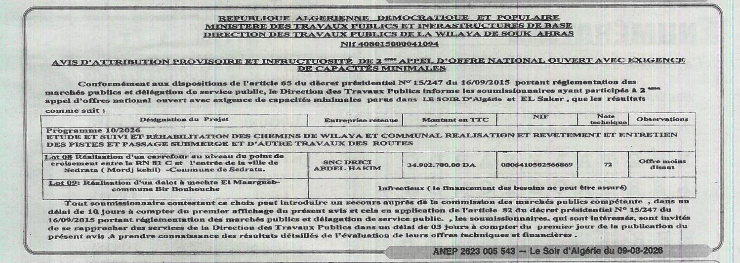 Avis d'attribution provisoire et d'infructuosité de 2ᵉ appel d'offres national ouvert avec exigence de capacités minimales