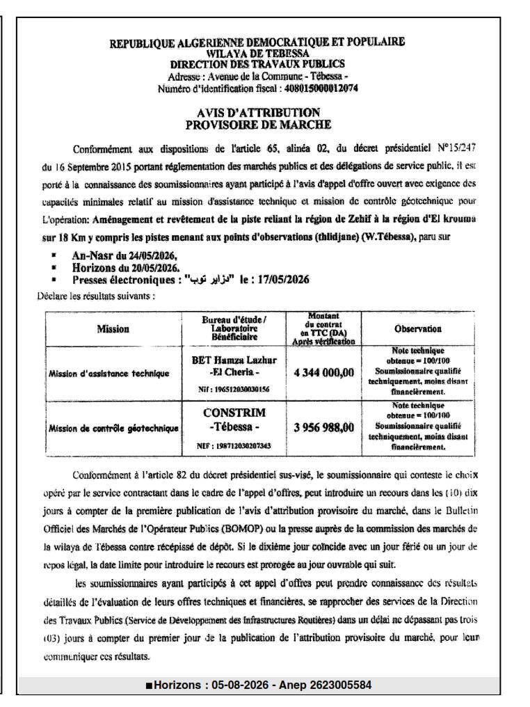 Avis d'attribution provisoire de marché pour l'aménagement et le revêtement d'une piste routière
