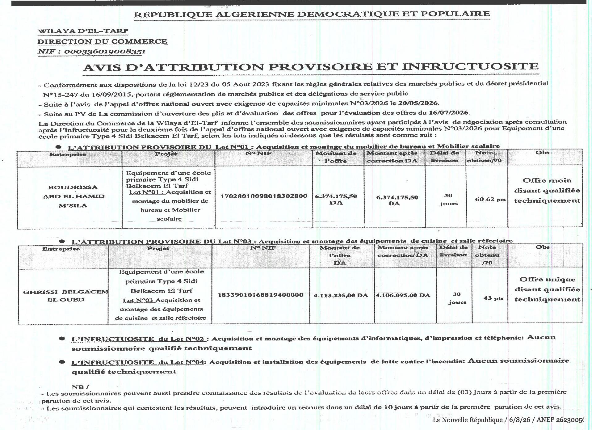 Avis d'attribution provisoire et d'infructuosité pour l'équipement d'une école primaire
