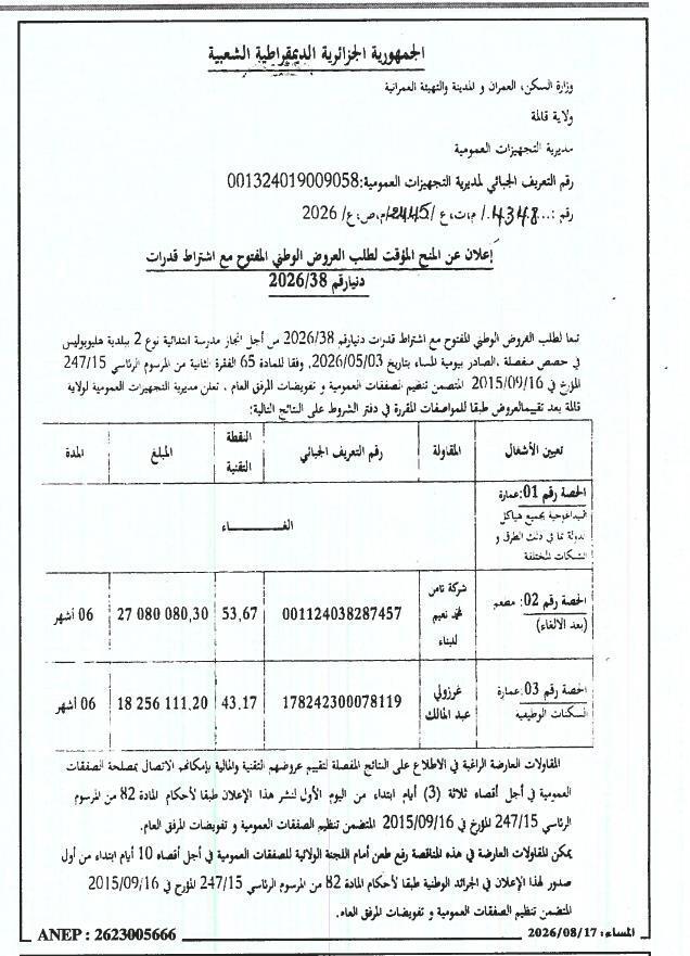 إعلان عن المنح المؤقت لطلب العروض الوطني المفتوح مع اشتراط قدرات