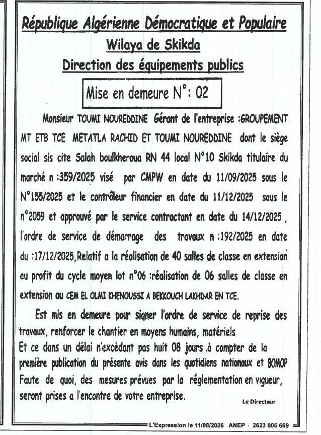 Mise en demeure pour non-respect des obligations contractuelles d'un marché de travaux publics