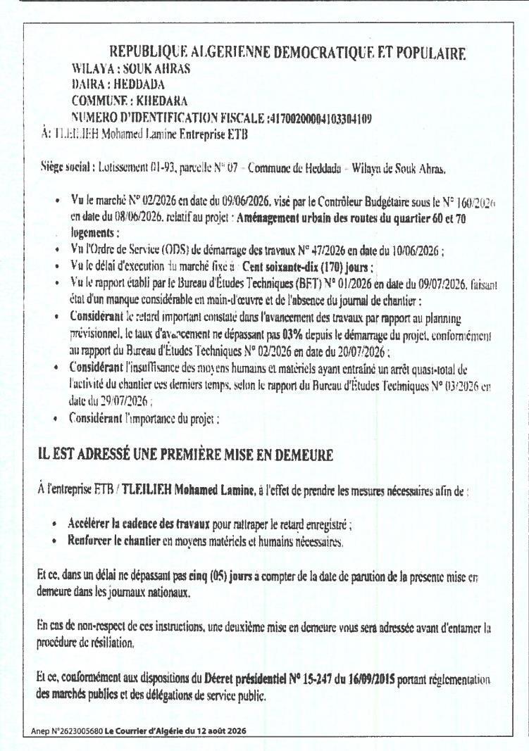 Mise en demeure relative à l'aménagement urbain des routes du quartier 60 et 70 logements