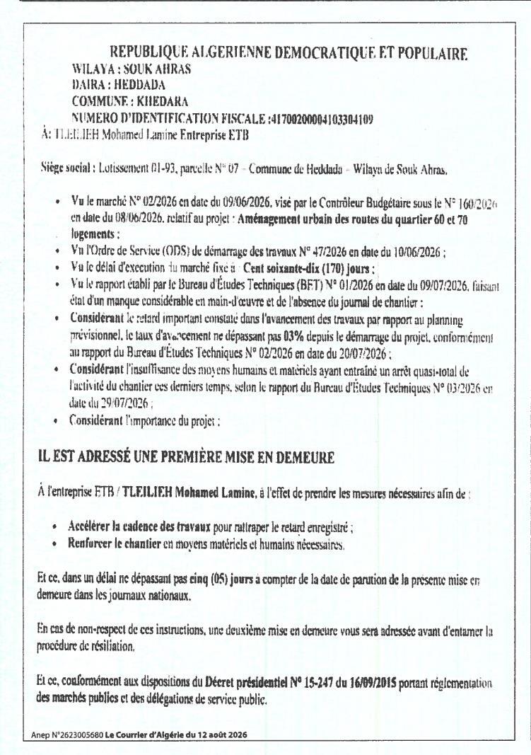 Mise en demeure relative à l'aménagement urbain des routes du quartier 60 et 70 logements
