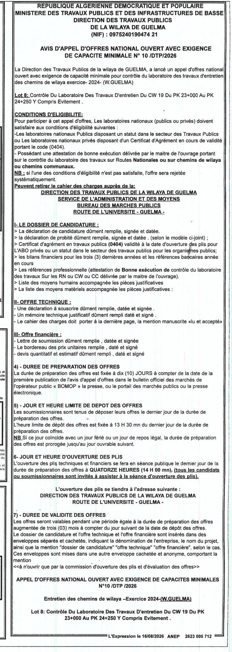 Appel d'offres national ouvert avec exigence de capacité minimale pour contrôle du laboratoire des travaux d'entretien des chemins de wilaya