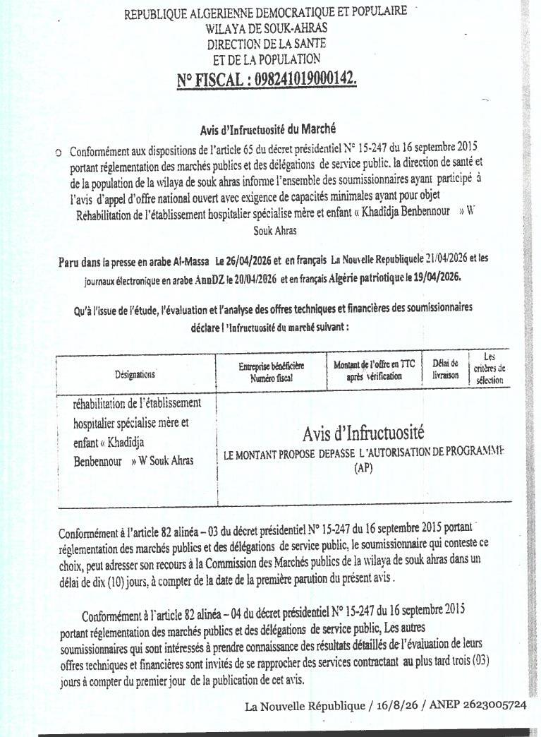 Avis d'infructuosité - Réhabilitation de l'établissement hospitalier spécialisé mère et enfant « Khadidja Benbennour »