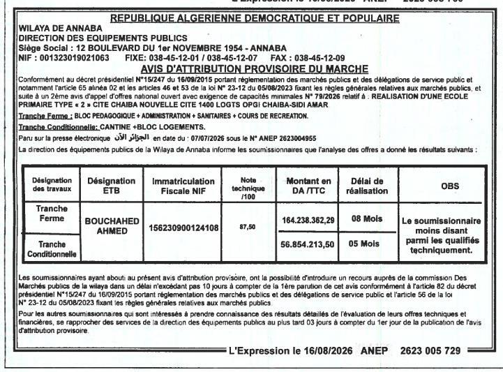 Attribution provisoire de marché pour la réalisation d'une école primaire type « 2 » à Cité Chaiba Nouvelle (Cité 1400 logements)