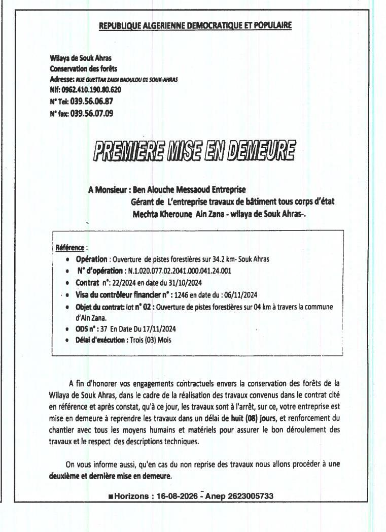 Première mise en demeure pour travaux de pistes forestières