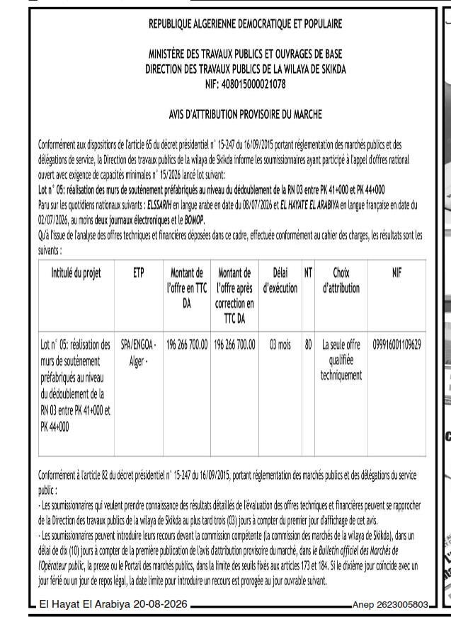 Avis d'attribution provisoire du marché pour la réalisation des murs de soutènement préfabriqués sur la RN 03 (PK 41+000 à PK 44+000)