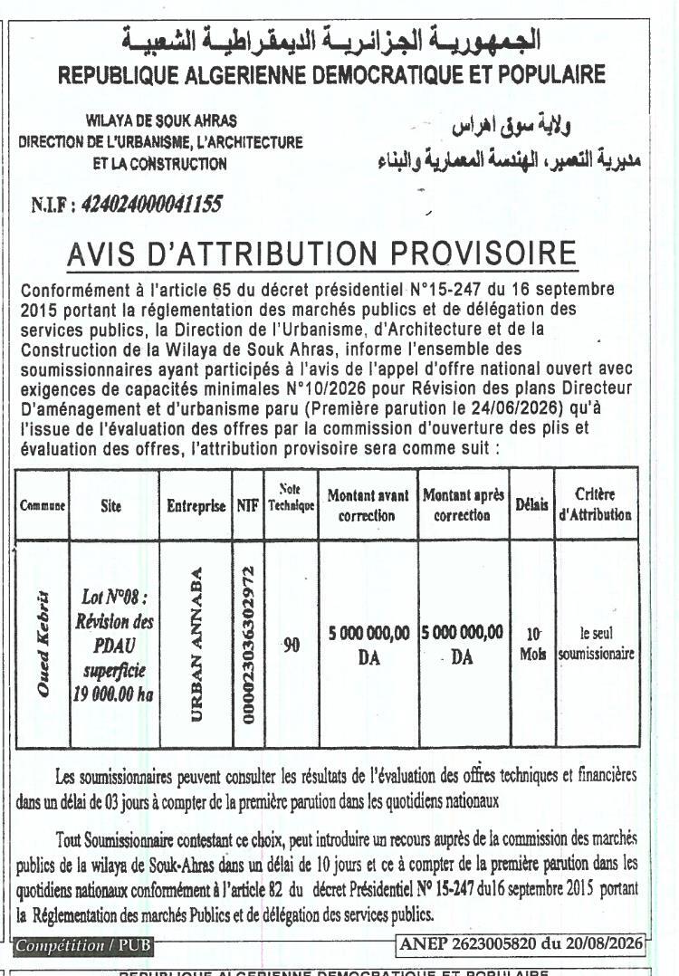 Avis d'attribution provisoire pour la révision des plans directeurs d'aménagement et d'urbanisme
