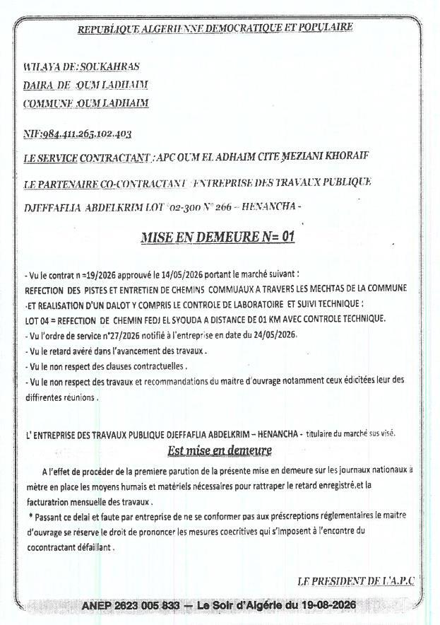 Mise en demeure pour retard et non-respect des clauses contractuelles dans le cadre de la réfection de pistes et chemins communaux