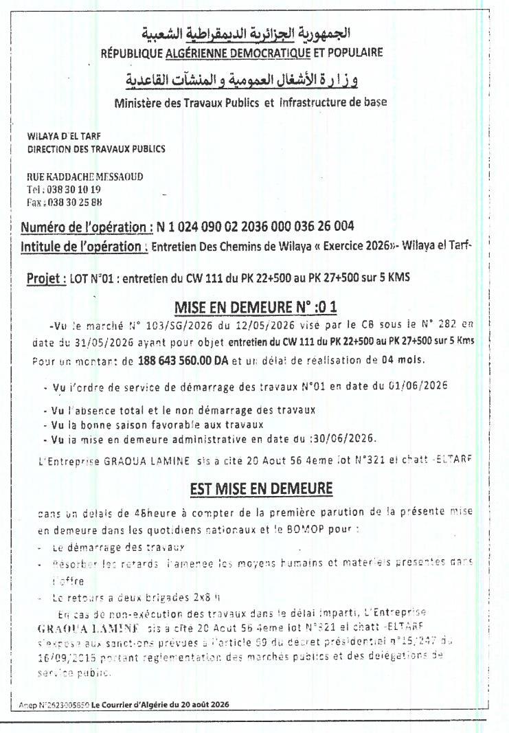 Mise en demeure pour non-exécution des travaux d'entretien du CW 111 (PK 22+500 au PK 27+500) - Wilaya d'El Tarf
