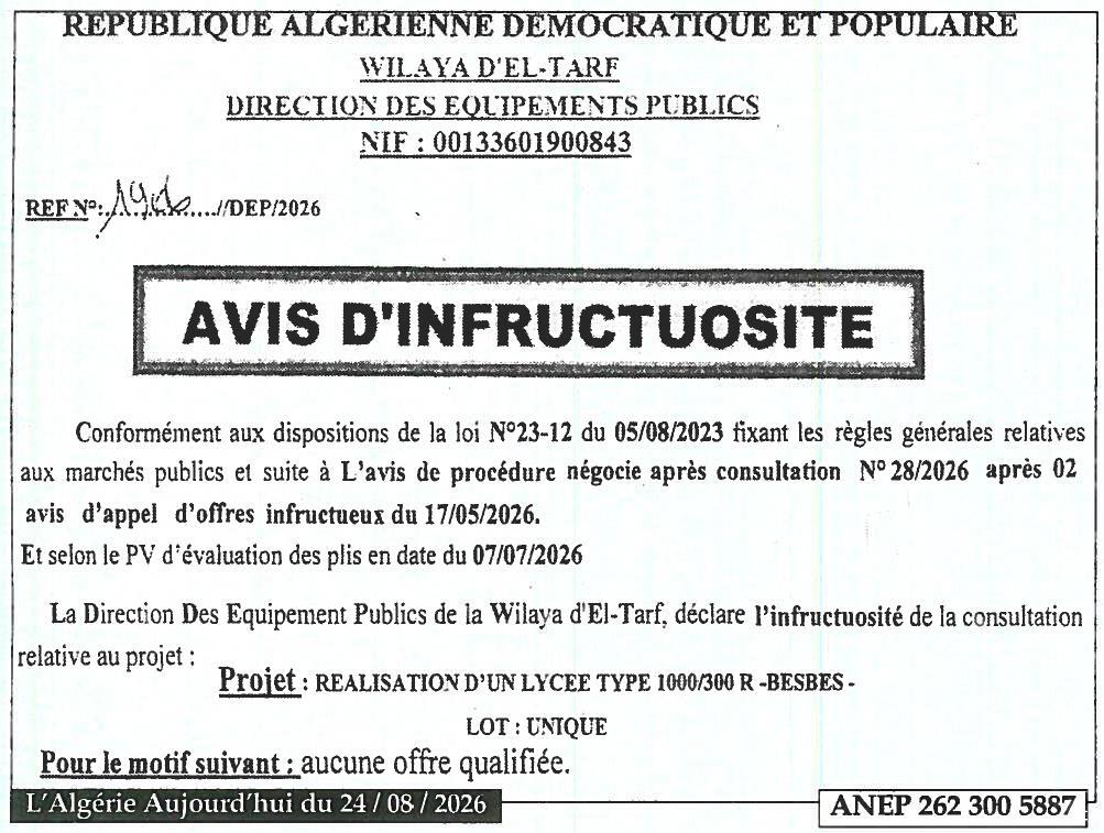 Avis d'infructuosité pour la réalisation d'un lycée type 1000/300 R à Besbes