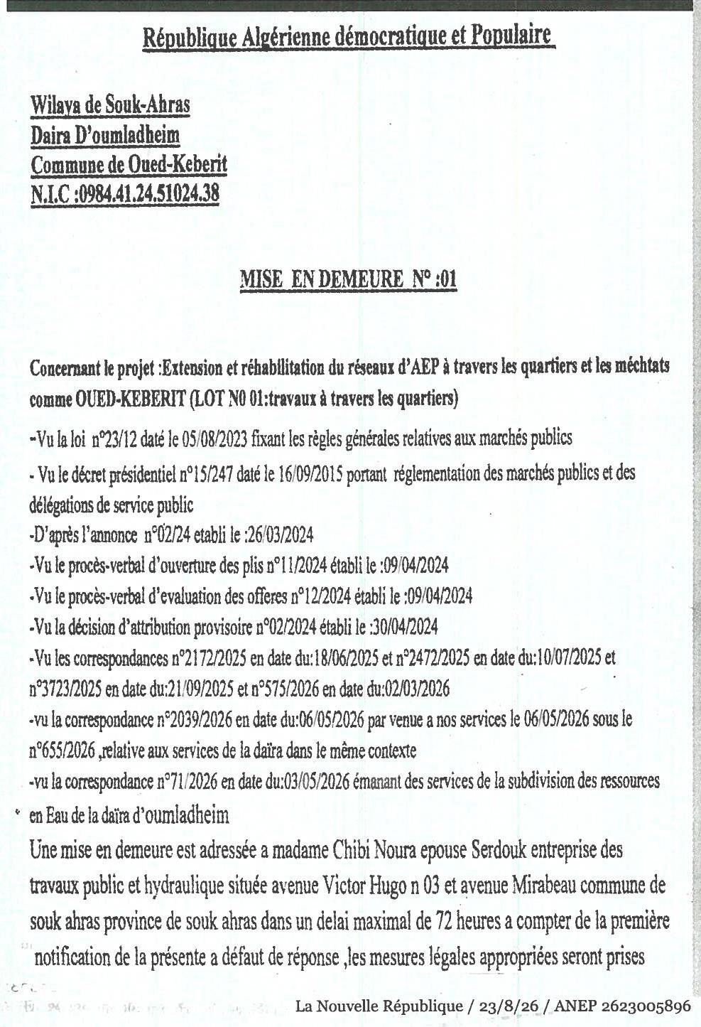 Mise en demeure relative à l'extension et réhabilitation du réseau d'AEP à Oued-Keberit (Lot N° 01)