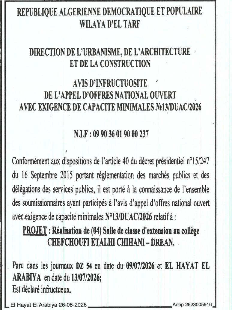 Avis d'infructuosité pour la réalisation de salles de classe au collège Chefchoufi Etalhi Chihani à DREAN
