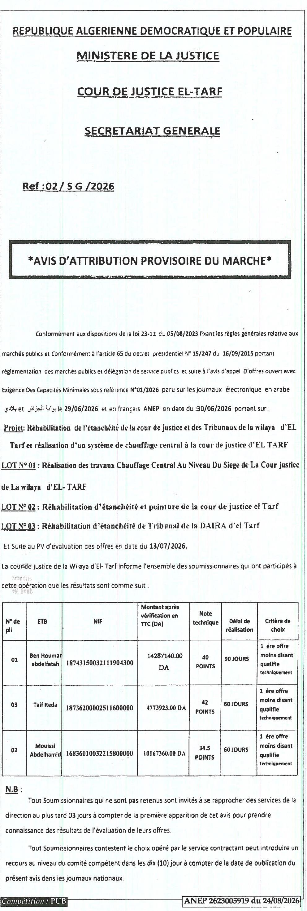 Avis d'attribution provisoire