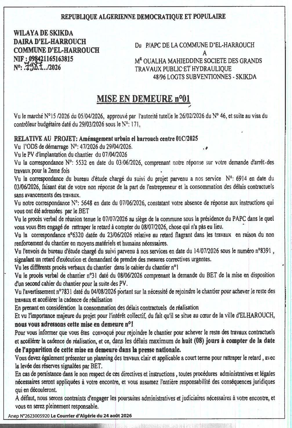 Mise en demeure relative à l'aménagement urbain du projet « 48/96 logements subventionnés - Skikda »
