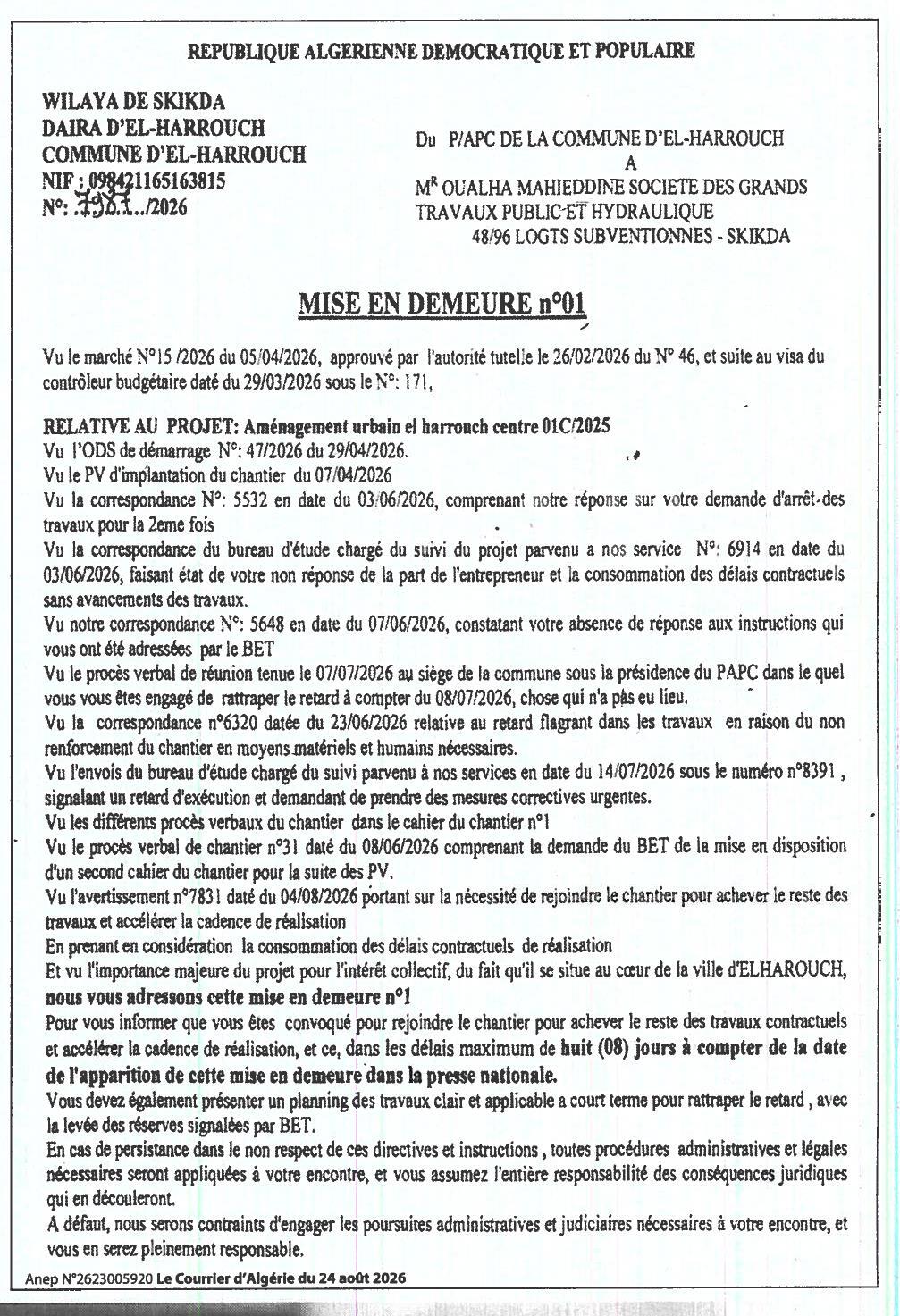 Mise en demeure relative à l'aménagement urbain du projet « 48/96 logements subventionnés - Skikda »