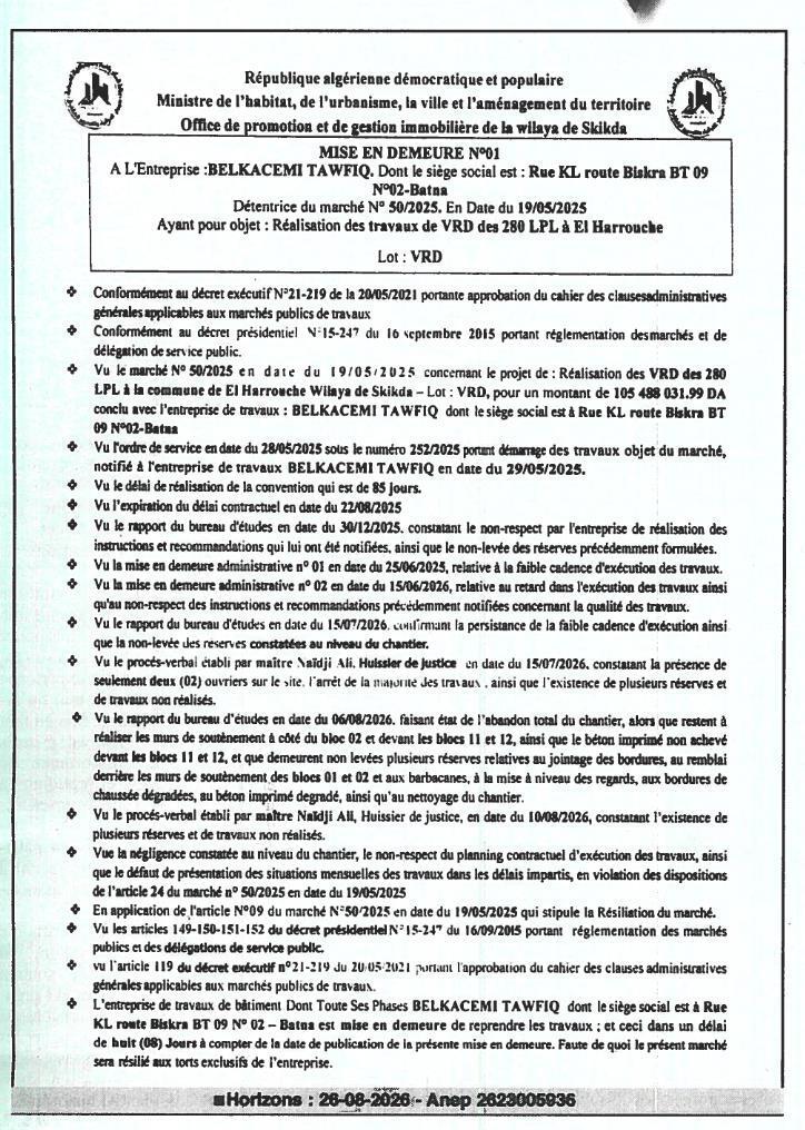 Mise en demeure pour abandon de chantier et non-respect des délais contractuels