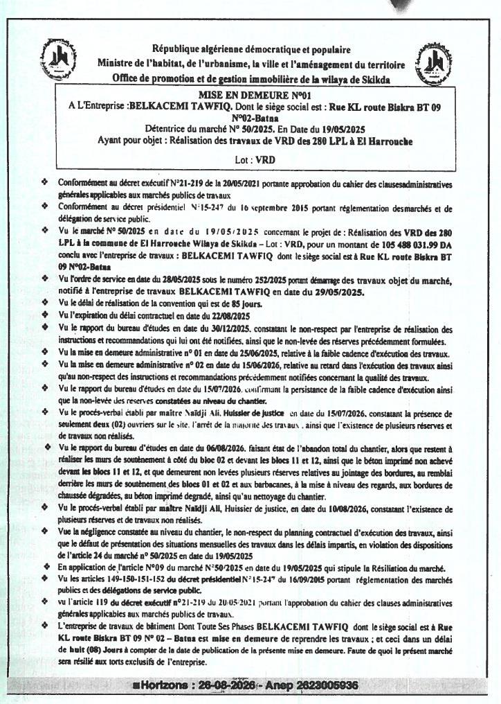 Mise en demeure pour abandon de chantier et non-respect des délais contractuels